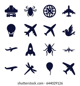Fly icons set. set of 16 fly filled icons such as beetle, plane, baloon, rocket, cargo plane back view, love bird, dragonfly