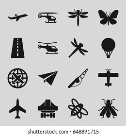 Fly icons set. set of 16 fly filled icons such as dragonfly, butterfly, fly, plane, runway, helicopter, bee, cargo plane back view, air balloon, paper plane