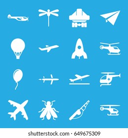 Fly icons set. set of 16 fly filled icons such as fly, plane taking off, helicopter, rocket, cargo plane back view, medical helicopter, balloon, air balloon, dragonfly