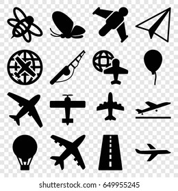 Fly icons set. set of 16 fly filled icons such as butterfly, runway, plane taking off, plane, baloon, paper airplane, bee, globe and plane, air balloon, hang glider
