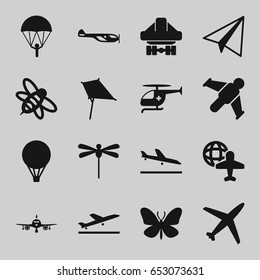 Fly icons set. set of 16 fly filled icons such as butterfly, plane taking off, plane landing, plane, helicopter, kite, bee, medical helicopter, air balloon, dragonfly