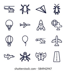 fly icons set. Set of 16 fly outline icons such as runway, beetle, baloon, rocket, plane, globe and plane, air balloon, butterfly, helicopter