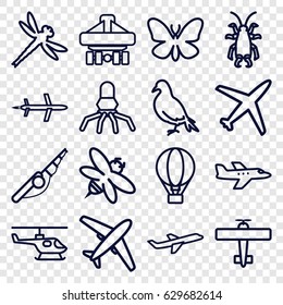 Fly icons set. set of 16 fly outline icons such as dove, butterfly, beetle, bee, cargo plane back view, plane, air balloon, dragonfly, helicopter, rocket