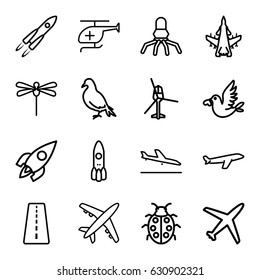 Fly icons set. set of 16 fly outline icons such as runway, plane landing, dove, plane, ladybug, love bird, medical helicopter, rocket, dragonfly