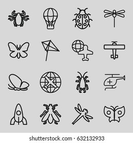 Fly icons set. set of 16 fly outline icons such as plane, butterfly, beetle, fly, rocket, kite, ladybug, globe and plane, medical helicopter, dragonfly