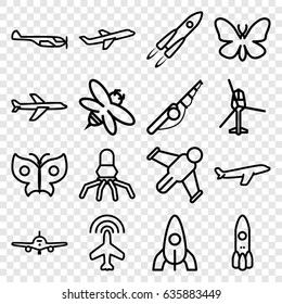 Fly icons set. set of 16 fly outline icons such as plane, helicopter, butterfly, rocket, bee, hang glider