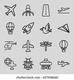 Fly icons set. set of 16 fly outline icons such as runway, plane taking off, dragonfly, plane, ladybug, love bird, medical helicopter, rocket