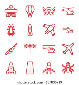 Fly icons set. set of 16 fly outline icons such as runway, helicopter, beetle, rocket, wings, cargo plane back view, air balloon, dragonfly, plane, hang glider