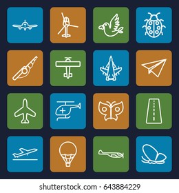 Fly icons set. set of 16 fly outline icons such as plane, runway, plane taking off, helicopter, butterfly, ladybug, love bird, medical helicopter, air balloon, paper plane