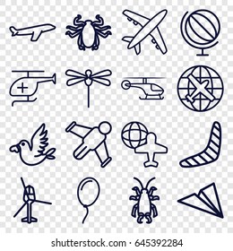 Fly icons set. set of 16 fly outline icons such as plane, beetle, boomerang, globe and plane, love bird, medical helicopter, balloon, dragonfly, helicopter, globe, paper plane