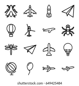 Fly icons set. set of 16 fly outline icons such as dragonfly, beetle, fly, paper airplane, plane, air balloon, balloon, helicopter, globe, paper plane