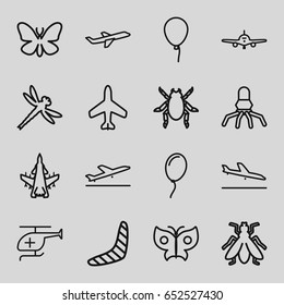 Fly icons set. set of 16 fly outline icons such as plane, plane taking off, plane landing, beetle, butterfly, fly, baloon, boomerang, medical helicopter, balloon, dragonfly