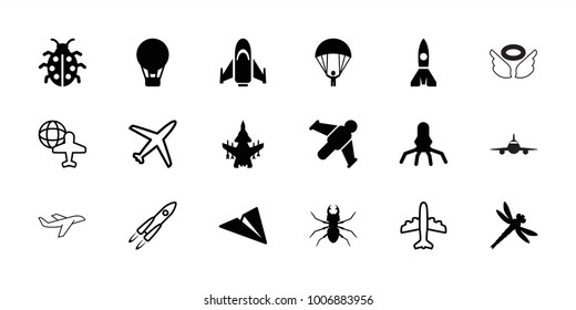 Fly icons. set of 18 editable filled and outline fly icons: beetle, air balloon, ladybug, rocket, paper plane, hang glider, dragonfly, plane, globe and plane, parachute