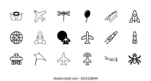 Fly icons. set of 18 editable outline fly icons: balloon, plane, beetle, rocket, cargo plane back view, dragonfly, helicopter, kite, wings, fishing rod