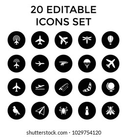 Fly icons. set of 20 editable filled fly icons such as plane, plane taking off, dove, boomerang, paper airplane, globe, parachute. best quality fly elements in trendy style.