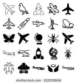Fly icons. set of 25 editable filled and outline fly icons such as helicopter, butterfly, cargo plane back view, dove, bee, rocket, plane, beetle, wings, globe