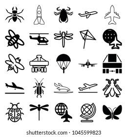 Fly icons. set of 25 editable filled and outline fly icons such as plane landing, plane, beetle, parachute, bee, helicopter, dragonfly, fly, kite, globe, ladybug, butterfly