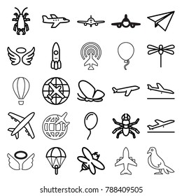 Fly icons. set of 25 editable outline fly icons such as plane taking off, plane landing, butterfly, beetle, wings, parachute, bee, rocket, balloon, dragonfly, dove, baloon