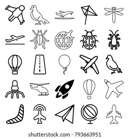 Fly icons. set of 25 editable outline fly icons such as rocket, runway, plane, plane taking off, dove, beetle, boomerang, paper airplane, kite, globe, ladybug, hang glider