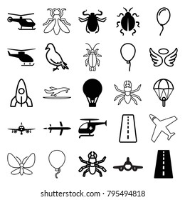 Fly icons. set of 25 editable filled and outline fly icons such as runway, plane, helicopter, beetle, medical helicopter, air balloon, dove, baloon, rocket, wings, parachute
