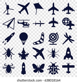 Fly icons set. set of 25 fly filled icons such as beetle, butterfly, plane, rocket, boomerang, paper airplane, kite, globe, ladybug, globe and plane, air balloon, dragonfly