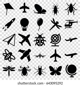 Fly icons set. set of 25 fly filled icons such as dragonfly, beetle, butterfly, plane, paper airplane, kite, globe, bee, ladybug, medical helicopter, balloon, rocket