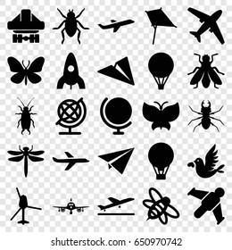 Fly icons set. set of 25 fly filled icons such as dragonfly, beetle, butterfly, fly, plane taking off, plane, rocket, kite, globe, bee, love bird, air balloon, helicopter