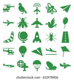 Fly icons set. set of 25 fly filled icons such as dove, butterfly, beetle, fly, runway, plane, plane landing, helicopter, rocket, boomerang, kite, bee, love bird