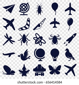 Fly icons set. set of 25 fly filled icons such as dove, beetle, butterfly, plane, baloon, boomerang, globe, bee, cargo plane back view, love bird, air balloon, balloon