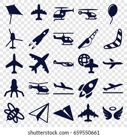 Fly icons set. set of 25 fly filled icons such as plane, plane taking off, plane landing, helicopter, boomerang, kite, wings, bee, medical helicopter, rocket, balloon