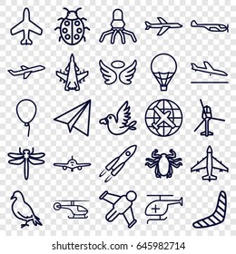Fly icons set. set of 25 fly outline icons such as plane, plane landing, helicopter, dragonfly, dove, beetle, baloon, boomerang, paper airplane, wings, ladybug, love bird