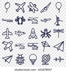 Fly icons set. set of 25 fly outline icons such as helicopter, beetle, baloon, rocket, paper airplane, kite, globe, plane, bee, ladybug, balloon, air balloon, dragonfly