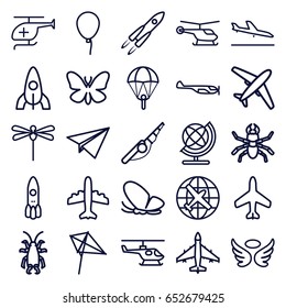 Fly icons set. set of 25 fly outline icons such as plane, plane landing, helicopter, butterfly, beetle, baloon, rocket, kite, globe, wings, medical helicopter, dragonfly