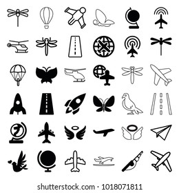 Fly icons. set of 36 editable filled and outline fly icons such as runway, plane, rocket, wings, globe, fishing rod, globe and plane, butterfly, dragonfly, helicopter