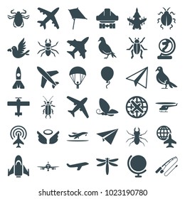 Fly icons. set of 36 editable filled fly icons such as plane, dove, beetle, paper airplane, kite, globe, cargo plane back view, love bird, dragonfly, butterfly, baloon, wings