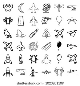 Fly icons. set of 36 editable outline fly icons such as balloon, plane, runway, plane taking off, dove, beetle, rocket, globe, hang glider, medical helicopter, paper plane