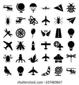 Fly icons set. set of 36 fly filled icons such as dove, beetle, fly, plane, runway, helicopter, boomerang, globe, wings, bee, ladybug, globe and plane, love bird
