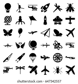 Fly icons set. set of 36 fly filled icons such as butterfly, beetle, fly, plane, helicopter, paper airplane, kite, globe, wings, bee, cargo plane back view, medical helicopter