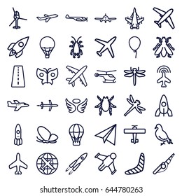 Fly icons set. set of 36 fly outline icons such as plane, runway, helicopter, dragonfly, dove, beetle, butterfly, fly, baloon, rocket, boomerang, paper airplane, wings