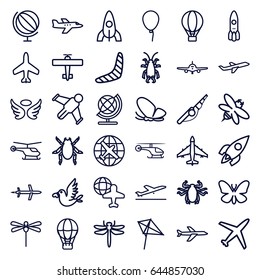 Fly icons set. set of 36 fly outline icons such as plane, plane taking off, helicopter, dragonfly, beetle, butterfly, baloon, rocket, boomerang, kite, globe, wings, bee