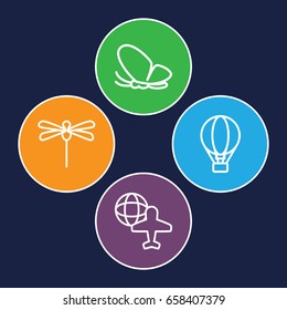 Fly icons set. set of 4 fly outline icons such as butterfly, globe and plane, air balloon
