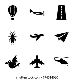 Fly icons. set of 9 editable filled fly icons such as runway, beetle, love bird, paper plane, plane, helicopter