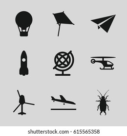 Fly icons set. set of 9 fly filled icons such as beetle, plane landing, kite, globe, helicopter, paper plane, rocket