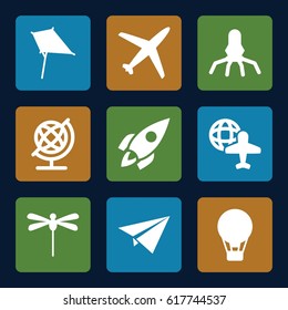 Fly icons set. set of 9 fly filled icons such as kite, globe, globe and plane, rocket, dragonfly, paper plane, air balloon