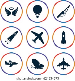 Fly icons set. set of 9 fly filled icons such as butterfly, wings, air balloon, plane, rocket