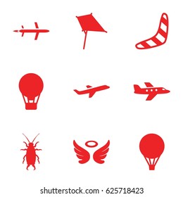 Fly icons set. set of 9 fly filled icons such as beetle, boomerang, kite, wings, plane