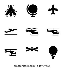 Fly icons set. set of 9 fly filled icons such as fly, plane taking off, helicopter, plane, air balloon, dragonfly