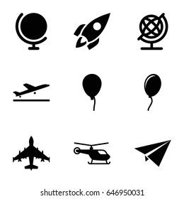 Fly icons set. set of 9 fly filled icons such as plane taking off, helicopter, baloon, globe, rocket, balloon, plane
