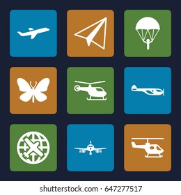 Fly icons set. set of 9 fly filled icons such as butterfly, plane, helicopter, paper airplane