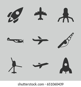 Fly icons set. set of 9 fly filled icons such as helicopter, rocket, plane